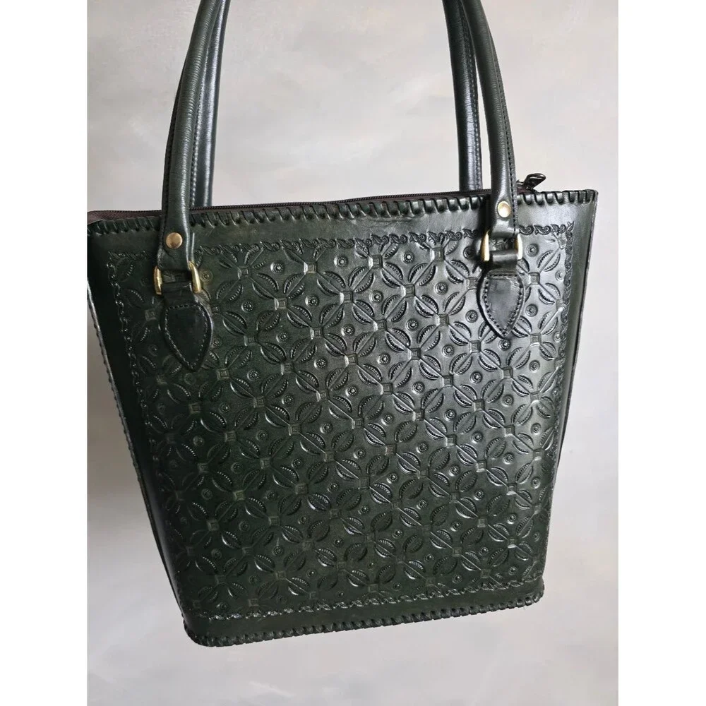Vtg Green Hand Tooled Whipstitch Trim Tote Shoulder Bag Structured 12x14x4